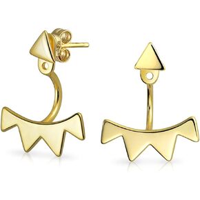 Geometric Triangle Fringe Spike Front Back Ear Jacket Earrings For Women For Teen 14K Gold Plated .925 Sterling Silver