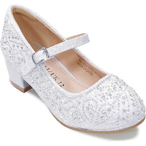 Girls Dress Shoes Mary Jane Shoes for Girls Sparkle Low Heel Hook and Loop Flats for School Wedding Party
