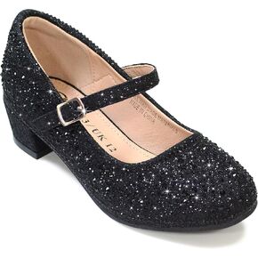 Girls Dress Shoes Mary Jane Shoes for Girls Sparkle Low Heel Hook and Loop Flats for School Wedding Party