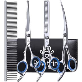 Professional Pet Grooming Kit – 5 in 1 Dog Grooming Scissors Kit - Dog & Cat Grooming Supplies - Adjustable Screw Scissors, 4CR Stainless Steel Dog Clippers, Hair Thinning Shears, Rubber Grips