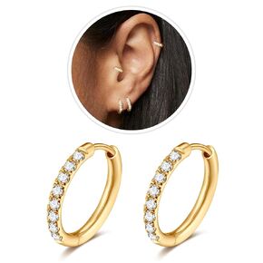 Small Gold Hoop Earrings for Women Men,14K Gold Plated in 316L Surgical Steel Hinge Huggie Hoop Earrings fit Conch, 1st Lobe Hole Lightweight Hypoallergenic Earrings (1Pair-12mm)