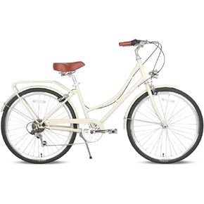 AVASTA 26 inch Hybrid Bike for Women Female Lightweight Step Through Hi-Ten Steel Frame City Commuter Comfort Lady Bicycle, 6-Speed, Color Beige with Black Tires