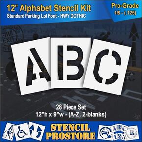 Pavement Stencils - 12 inch Alphabet KIT Stencil Set - (28 Piece) - 12" x 9" x 1/16" (63 mil) - Light-Duty