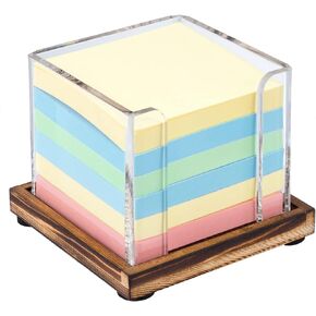MyGift Premium Clear Acrylic 3-Inch Square Sticky Note Holder Dispenser with Removable Rustic Burnt Solid Wood Tray, Office Desktop Self-Stick Memo Pad Storage Cube