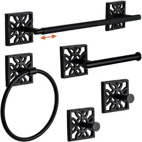 Autumn Alley 5 PC Matte Black Modern Bathroom Accessories Set, Wall Mounted - Towel Rack, Hand Towel Ring, Industrial Toilet Paper Holder, and 2 Towel Robe Hook for Bathroom Towel Holder Set