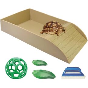 Tortoise Habitat with Slopes,Turtle Habitat Set with Turtle Water Dish Food Tongs and Food Ball,Tortoise Accessories for Tortoises Turtles Lizards Bearded Dragons Frogs Other Amphibians（Brown）