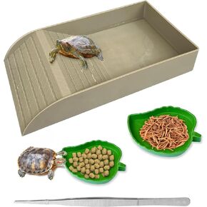 NGORAY Tortoise Feeding Dish with Ramp and Basking-Platform - Leaf Tortoise Water Food Bowls, Reptile Water Dish Amphibians Habitat, Reptile Water Bowl Fit for Amphibians with Forcep Cleaning Clip