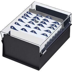 Acrimet 4 x 6 Card File Holder Organizer Metal Base Heavy Duty (AZ Index Cards and Divider Included) (Black Color with Clear Crystal Plastic Lid Cover)