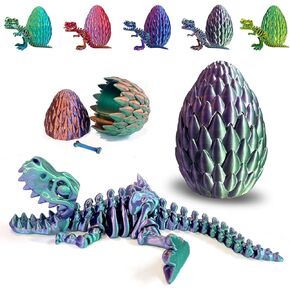 3D Printed Dinosaur Toy, 3D Printed Skeleton Dinosaur Egg with Articulated Tyrannosaurus Rex, Mystery Crystal Dinosaur Flexible Rexi Toys with Bone, Articulated Fidget Dragon for Autism/ADHD