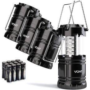 Vont 4 Pack LED Camping Lantern، فوانيس LED، مجموعات بقاء مناسبة للإعصار، ضوء الطوارئ للعواصف، الانقطاعات، فوانيس محمولة في الهواء الطلق، أسود، قابل للطي، (البطاريات متضمنة) in Kuwait