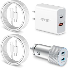 iPhone 15 Charger USB C Car Charger, 20W Dual Port Fast USB C Wall Charger Block + 2Pack 6FT USB-C to C Fast Charging Cable + 40W USB C Car Charger for iPhone 15/15 Plus/15 Pro Max, iPad Pro/Air/Mini