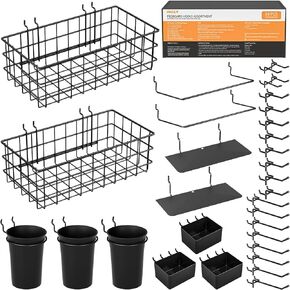 INCLY 30PCS Peg Board Organizer Accessories Kit, Pegboard Hooks Assortment with Bins, Cups, Wire Baskets and Paper Towel Holder for 1/8“ and 1/4" Pegboard Garage Workbench Craft Room Organizing Tools