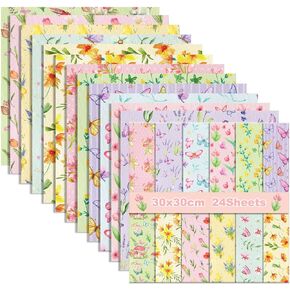 Spring Scrapbook Paper 12 x 12 Tulip Little Broken Flower Butterfly Double Sided Pattern Cardstock Decorative Paper for Card Making Journaling Planner Origami Decopage - 24 Sheets (A-style)