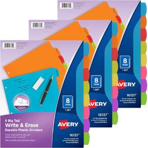 Avery Binder Tabs - 3 Ring Binder Dividers with Tabs - Write & Erase Durable - Plastic Dividers - 8-tab Set - 8 Assorted Colors - 3 Sets of Big Tab Dividers for 3 Ring Binder