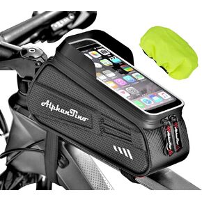 Bike Phone Holder Bag - Ultra Durable Hard Case Large Capacity Waterproof Top Tube Front Frame Bicycle Pouch Cycling Mount, Bike Accessories, TPU Touch-Screen & Sun-Visor (Green ZIpper)