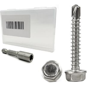 #8 x 3/4" Hex Washer Head Self Drilling Screws, Self Tapping Sheet Metal Screws, 304 Stainless Steel, 100 PCS, Socket Bit Included
