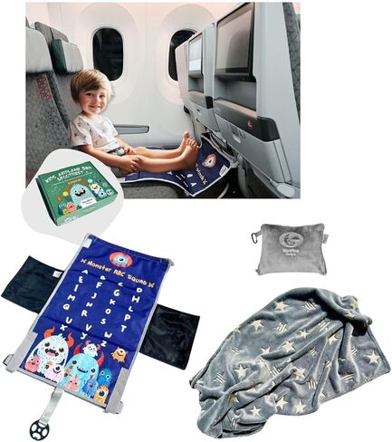 Baby Travel Essential 3-Piece kit: Elevate Your Child's Travel Comfort with The Airplane seat Extender for Kids/Toddler Airplane Bed/Airplane footrest (Monster Counting Band (White) in Kuwait