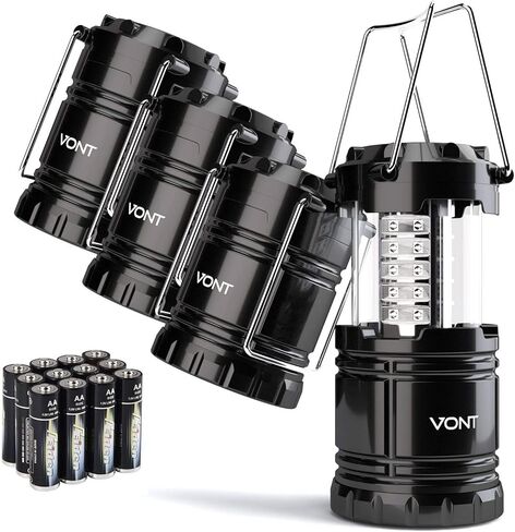 Vont 4 Pack LED Camping Lantern، فوانيس LED، مجموعات بقاء مناسبة للإعصار، ضوء الطوارئ للعواصف، الانقطاعات، فوانيس محمولة في الهواء الطلق، أسود، قابل للطي، (البطاريات متضمنة) in Kuwait