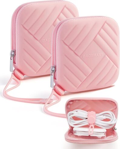 BAGSMART 2 قطعة حافظة منظم لسماعات الرأس من السيليكون وربطات كابل، أكياس صغيرة لتنظيم المحفظة لسماعات الأذن/محرك فلاش USB/منظم سلك أحمر الشفاه الصغير وأدوات إكسسوارات السفر (وردي + بيج) in Saudi Arabia
