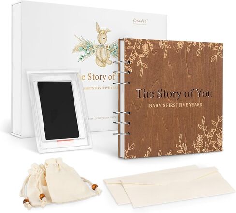Wooden Keepsake Baby Memory Book Box Boys & Girls, First 5 Years Baby Milestone Book Gender Neutral Journal Memory Scrapbook, Baby Shower Keepsake Gift Set (Included Ink Pad/Keepsake Bags/Envelopes) in Saudi Arabia