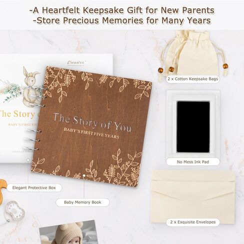 Wooden Keepsake Baby Memory Book Box Boys & Girls, First 5 Years Baby Milestone Book Gender Neutral Journal Memory Scrapbook, Baby Shower Keepsake Gift Set (Included Ink Pad/Keepsake Bags/Envelopes) in Saudi Arabia