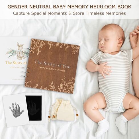 Wooden Keepsake Baby Memory Book Box Boys & Girls, First 5 Years Baby Milestone Book Gender Neutral Journal Memory Scrapbook, Baby Shower Keepsake Gift Set (Included Ink Pad/Keepsake Bags/Envelopes) in Saudi Arabia