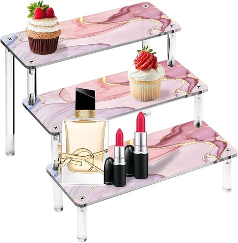 رف عرض أكريليك 3 طبقات، حامل عرض العطور، حامل رف منظم لمجموعة كبيرة، حامل منظم لمجموعات المرآب والكب كيك والمواد الغذائية ومنتجات التجميل (12 بوصة × 8 بوصة × 6 بوصة، رخام ذهبي وردي) in Kuwait