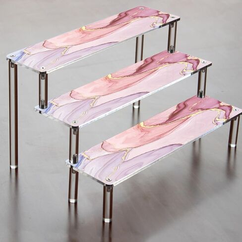 رف عرض أكريليك 3 طبقات، حامل عرض العطور، حامل رف منظم لمجموعة كبيرة، حامل منظم لمجموعات المرآب والكب كيك والمواد الغذائية ومنتجات التجميل (12 بوصة × 8 بوصة × 6 بوصة، رخام ذهبي وردي) in Kuwait