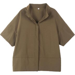 Ainangua Women Casual Button Down Shirts Oversized Short Sleeve Stand Collar Tops Trendy Work Blouses Summer Travel Outfits in Saudi Arabia