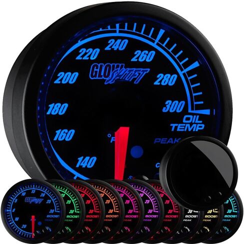 GlowShift Elite 10 Color 300 F Oil Temperature Gauge Kit - Includes Electronic Sensor - Black Dial - Tinted Lens - Peak Recall Function - for Car & Truck - 2-1/16" 52mm in Saudi Arabia