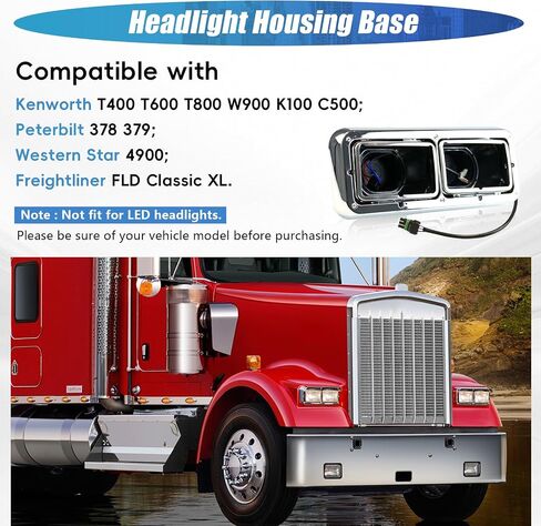 قاعدة الإسكان المصباح ومحافة متوافقة مع Kenworth T400 T600 T800 W900 K100 C500 Peterbilt 378 379 Western Star 4900 Freightliner FLD Classic XL مع مقابس H4 وأسلاك الأسلاك in Kuwait