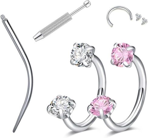 Lauritami 18g 20g حلقات الحدوث حصوات أنف ، خاتم أنف من الصلب الجراحي الوردي الزركونيا الثقب الأنف ، حلقات الأنف ملولبة داخليًا للنساء ، الزركونيا الوردي والفضي in Kuwait