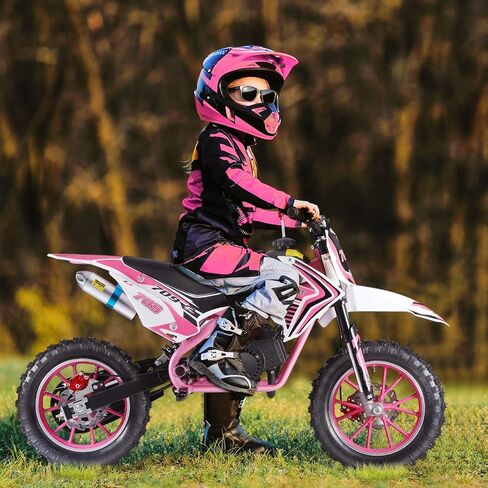 50cc 2-Stroke Kids Dirt Bike Kids Motorcycle Gas Dirt Bike Mini Dirt Bike Pocket Gas Motordike Off Road Gas Power Mini Pocket مع فرامل القرص الخلفية الأمامية بحد أقصى 30 كم/ساعة وردي in Kuwait