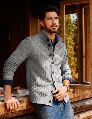 PJ PAUL JONES Mens Cardigan Sweater Button Up Stand Collar Sweater Knit Textured Sweaters in Kuwait