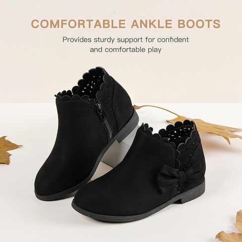 Dufannie Girls Onkle Boots Bow Kids Dress Buties Low Heel Side Side Slip on Fashion Flugled Fall Boot for Toddler Little Big Kid in Kuwait