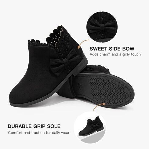 Dufannie Girls Onkle Boots Bow Kids Dress Buties Low Heel Side Side Slip on Fashion Flugled Fall Boot for Toddler Little Big Kid in Kuwait