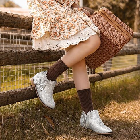 Dufannie Girls Onkle Boots Bow Kids Dress Buties Low Heel Side Side Slip on Fashion Flugled Fall Boot for Toddler Little Big Kid in Kuwait
