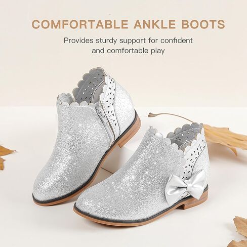 Dufannie Girls Onkle Boots Bow Kids Dress Buties Low Heel Side Side Slip on Fashion Flugled Fall Boot for Toddler Little Big Kid in Kuwait