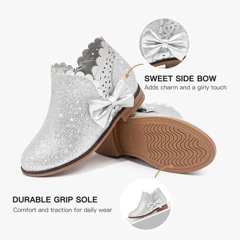 Dufannie Girls Onkle Boots Bow Kids Dress Buties Low Heel Side Side Slip on Fashion Flugled Fall Boot for Toddler Little Big Kid in Kuwait
