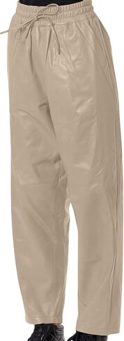 Jild Real Lambskin Leather Pants for Women Comfortable Drawstring Versatile Design Elastic Waistband with Relaxed Fit in Saudi Arabia