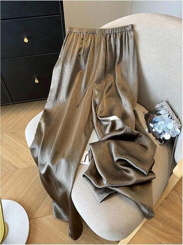 Floerns Women's Satin Straight Leg Pants Elastic Waist Loungewear Party Trousers in Saudi Arabia