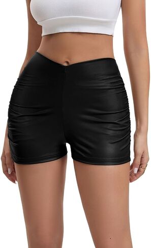 Women's Ruched Faux Leather Shorts High Waist Sexy Stretch Mini Booty Hot Shorts in Saudi Arabia