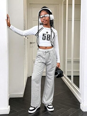 QJQ Girls Wide Leg Elastic High Waisted Pants Baggy Track Pants Sweatpants Trousers Casual Streetwear Ages 8-12 in Saudi Arabia