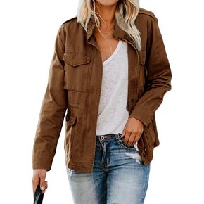 Women's Fall Stand Collar Zip Up Military Anorak Jackets Buttons Parka Safari Coats Outwear Pocket Cotton Jacket in Kuwait