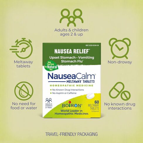 Boiron NauseaCalm Relief for Upset Stomach, Nausea, and Vomiting Due to Stomach Flu, Overindulgence, or Motion Sickness - Non-Drowsy - 60 Count in Saudi Arabia