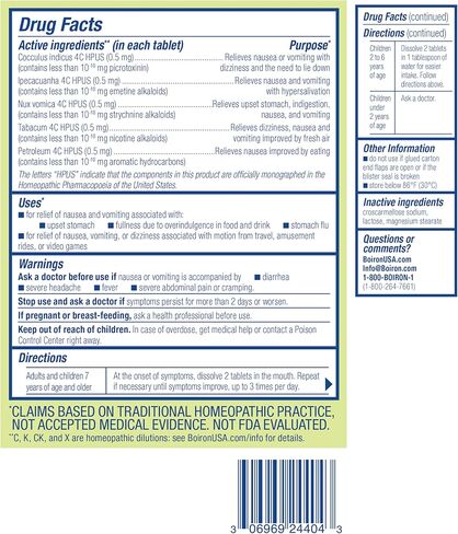 Boiron NauseaCalm Relief for Upset Stomach, Nausea, and Vomiting Due to Stomach Flu, Overindulgence, or Motion Sickness - Non-Drowsy - 60 Count in Saudi Arabia