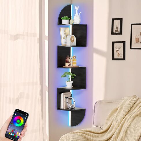 Waipfaru Corner Shelf, 5 Tier Bookshelf with LED Light, Corner Shelf Wall Mounted, Floating Shelves for Wall, Display Stand for Bedroom, Living Room, Bathroom, Home, Office, Black in Saudi Arabia