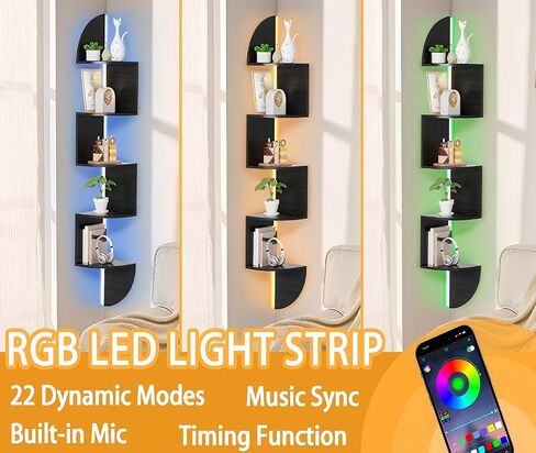 Waipfaru Corner Shelf, 5 Tier Bookshelf with LED Light, Corner Shelf Wall Mounted, Floating Shelves for Wall, Display Stand for Bedroom, Living Room, Bathroom, Home, Office, Black in Saudi Arabia