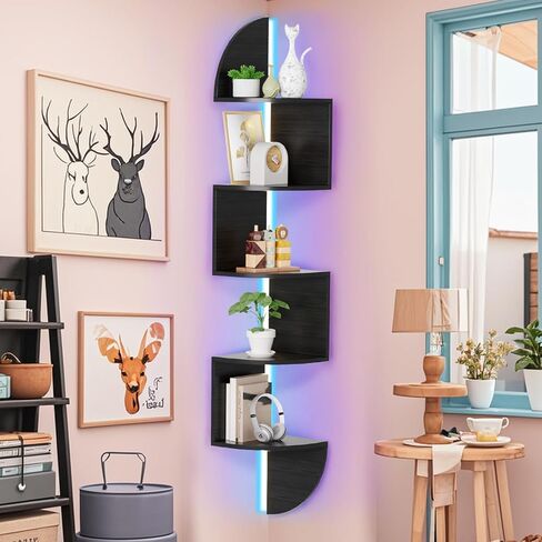 Waipfaru Corner Shelf, 5 Tier Bookshelf with LED Light, Corner Shelf Wall Mounted, Floating Shelves for Wall, Display Stand for Bedroom, Living Room, Bathroom, Home, Office, Black in Saudi Arabia