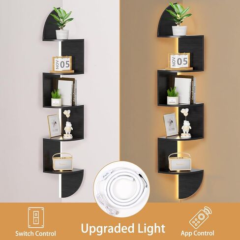Waipfaru Corner Shelf, 5 Tier Bookshelf with LED Light, Corner Shelf Wall Mounted, Floating Shelves for Wall, Display Stand for Bedroom, Living Room, Bathroom, Home, Office, Black in Saudi Arabia